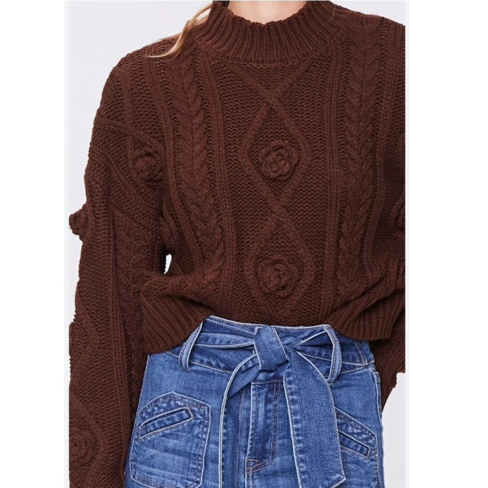 Forever 21 Chunky Cable Knit Mock Neck Sweater Chocolate Brown Textured Pattern